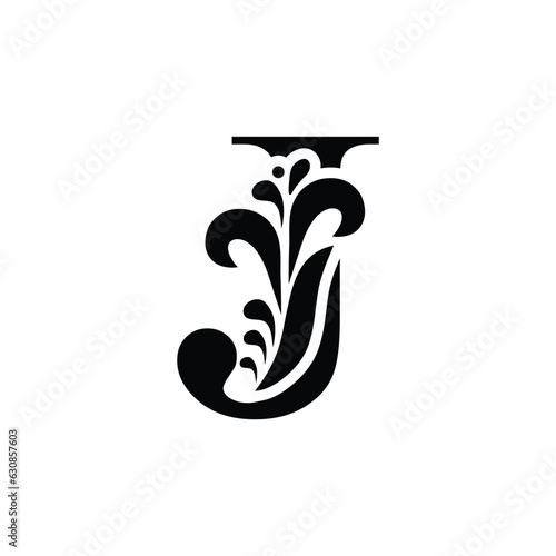 capital letter J. Black flower alphabet. Beautiful capital letters with shadow	
