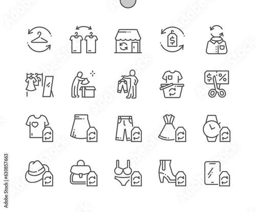 Second hand clothes store. Reusable thrifting wear. Skirt, pants, dress, watch, hat, bag, underwear, shoes. Pixel Perfect Vector Thin Line Icons. Simple Minimal Pictogram