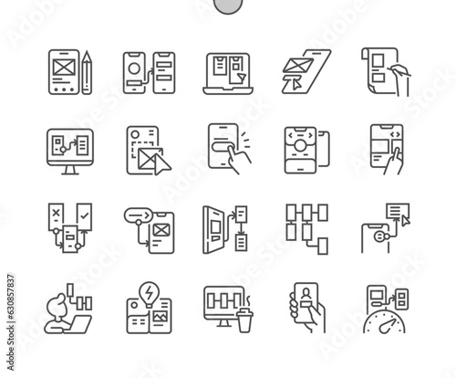 Mobile app prototyping. Menu bar, create warframe, user flow. Ux designer. Pixel Perfect Vector Thin Line Icons. Simple Minimal Pictogram