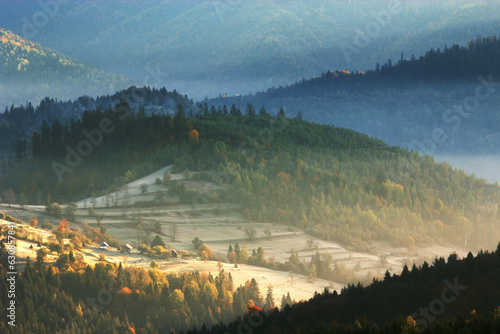 autumn sunrise image in mountains, autumn morning dawn, nature colorful background, Carpathians mountains, Ukraine, Europe