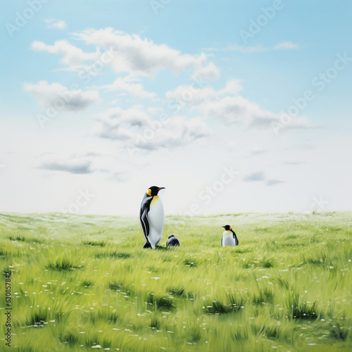 two penguins in a field of grass