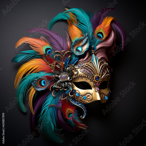 a colorful mask with feathers on a black background