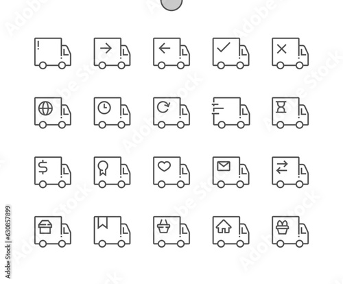 Shipping lorry. Truck, cargo, courier, delivery. Best shipping service. Pixel Perfect Vector Thin Line Icons. Simple Minimal Pictogram