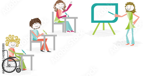 Children with school bags and a teacher or parent on back-to-school day, PNG format