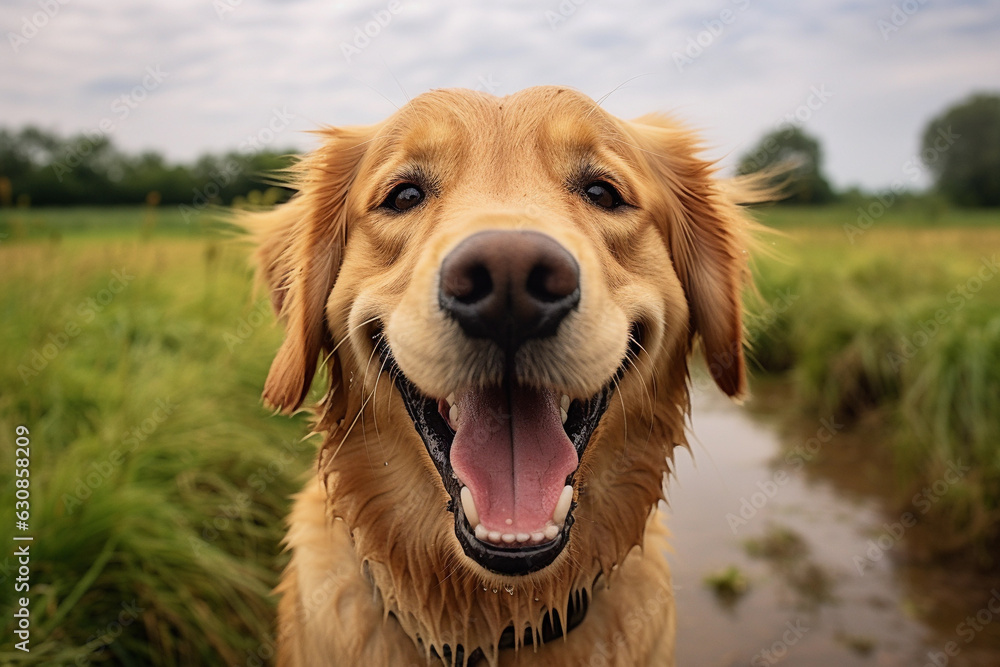 Happy golden retriever playing outdoors Happy golden retriever playing outdoors