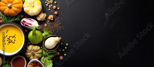 Vegan Food And Dishes, such as Pumpkin Soup, Salad, Vegetables, Fruits, and Lentils, are displayed on a rustic black chalkboard background. This concept promotes Healthy and Clean Eating, and is