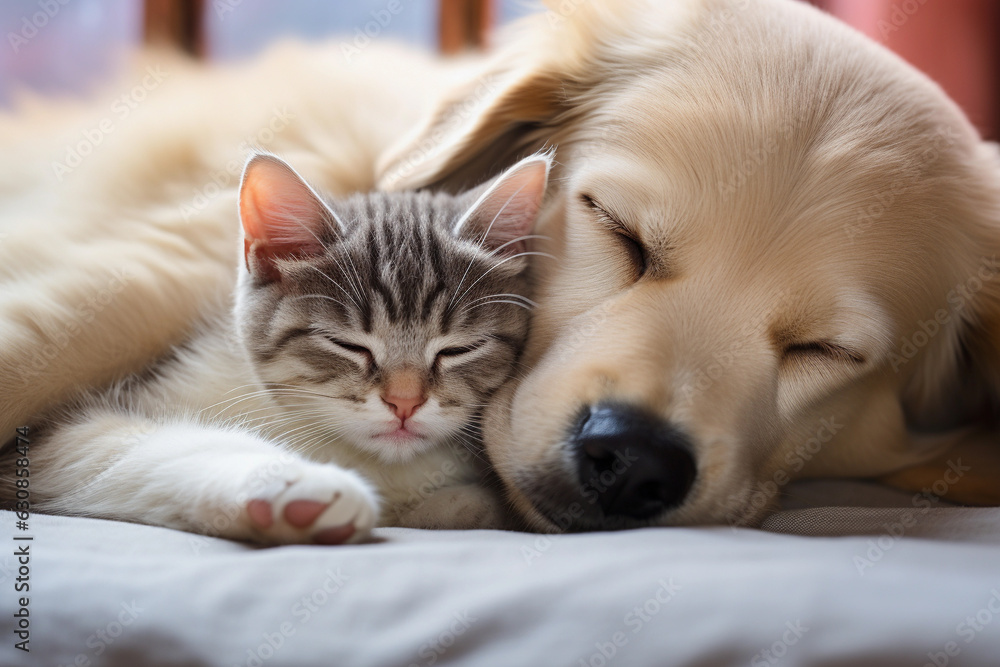 Cute dog and cat sleeping together in a bed Cute dog and cat sleeping together in a bed