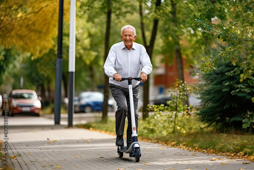 Old man walking with a scooter, generative ai