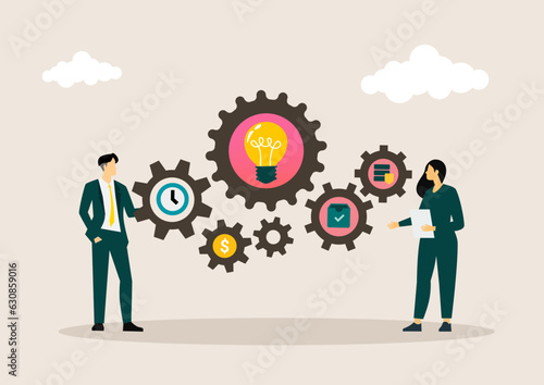Idea finding illustration. Characters with light bulbs and celebrating success. People generating creative business ideas. Business solution concept. Vector illustration.