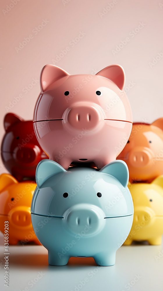 Several colorful piggy banks in the shape of pigs on a light blue table with pink background. 3d style. Generative AI.