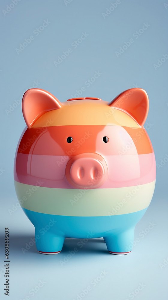 Piggy bank, striped and with rainbow colors on a light blue background. 3d style. Generative AI.