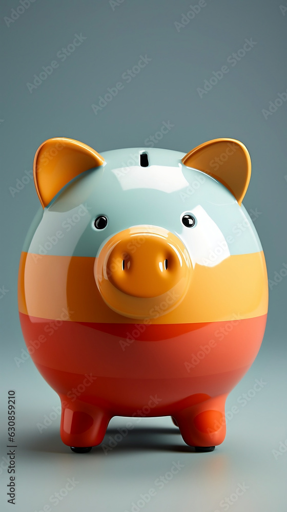 Piggy bank, striped, light blue, orange and red color, with light blue background. 3d style. Generative AI.