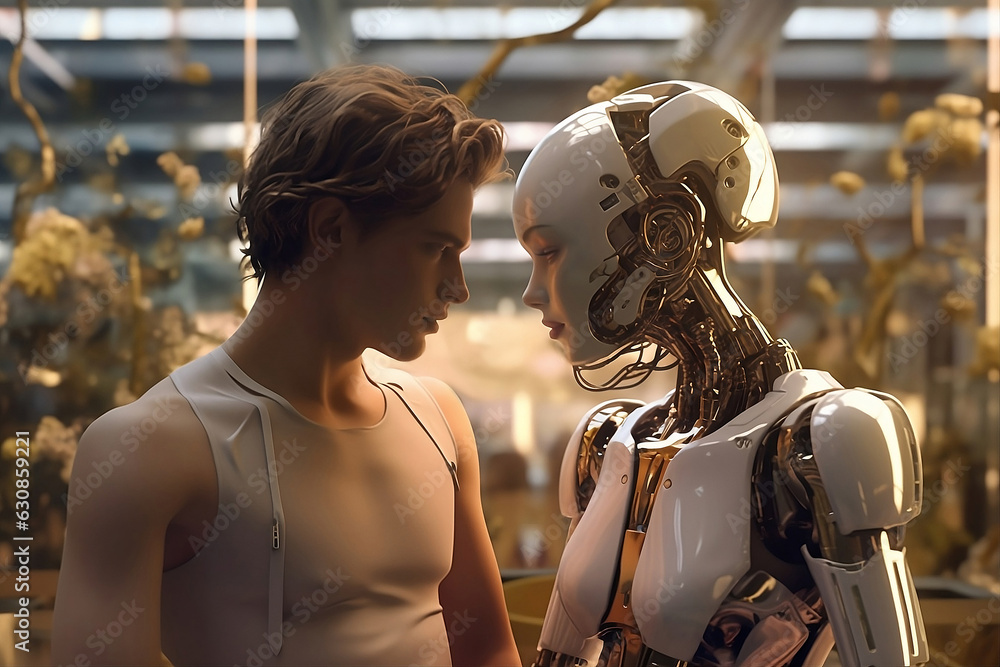 Love between young man and robot. Man vs. artificial intelligence.