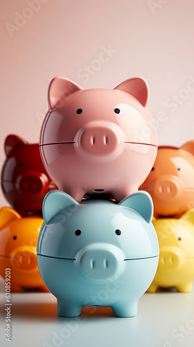 Obraz na płótnie Several colorful piggy banks in the shape of pigs on a light blue table with pink background. 3d style. Generative AI. w salonie