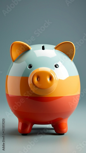 Obraz na płótnie Piggy bank, striped, light blue, orange and red color, with light blue background. 3d style. Generative AI. w salonie