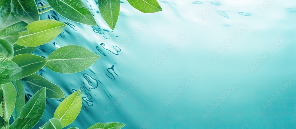 Obraz premium A close-up view of green leaves on a blue water background with a flat lay. The white texture surface has rings and ripples, creating a unique composition. Copy space is available.
