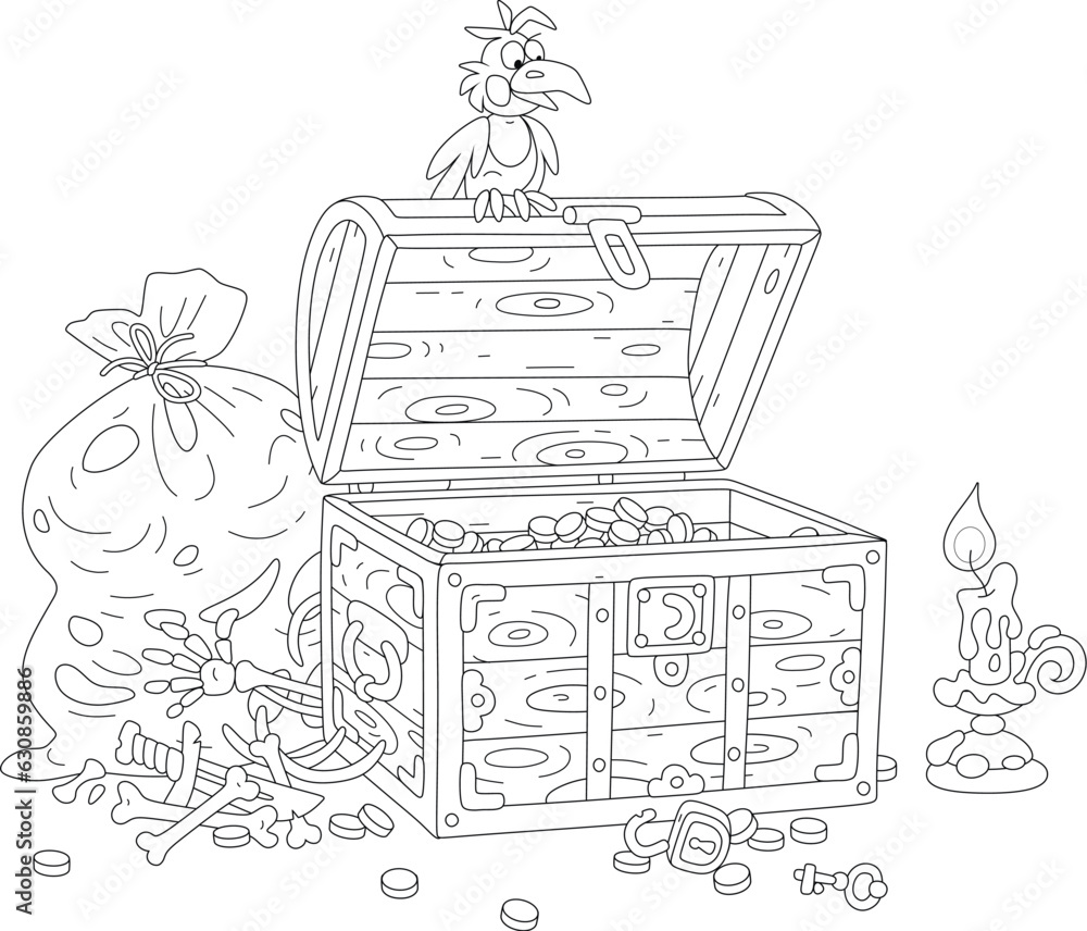 Funny raven perched on an old wooden chest with priceless treasures and golden coins, a dusty bag and a burning candle among bones, black and white vector cartoon illustration for a coloring book