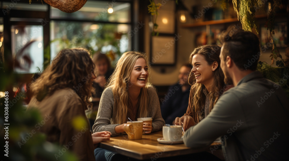 A delightful scene of friends laughing and chatting over coffee at a bustling café 