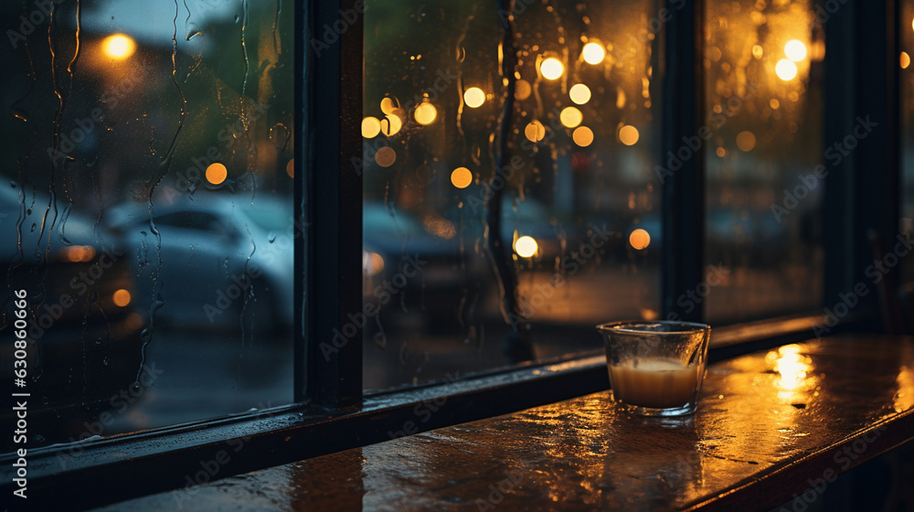 An atmospheric shot of a coffee shop window with raindrops gently tapping against it 