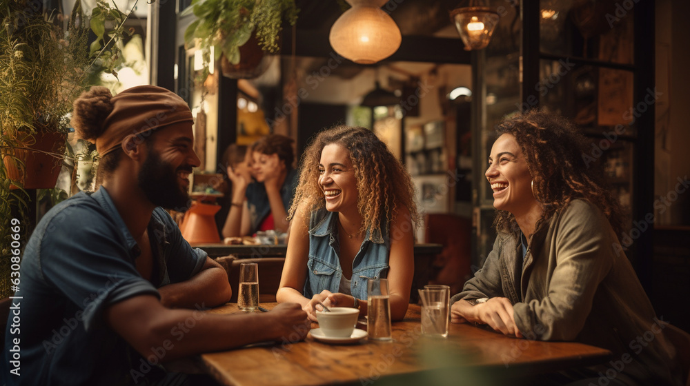 A delightful scene of friends laughing and chatting over coffee at a bustling café 