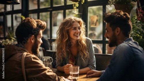 A delightful scene of friends laughing and chatting over coffee at a bustling café  photo