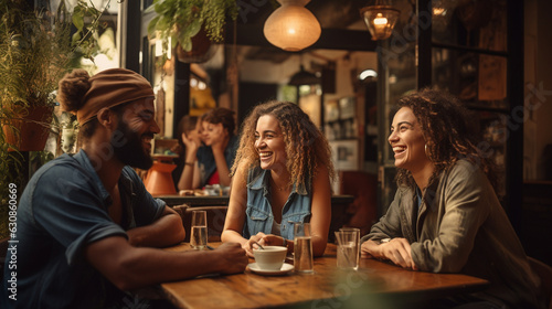 A delightful scene of friends laughing and chatting over coffee at a bustling café  photo
