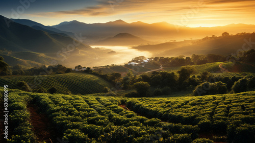 A captivating shot of coffee plantations at sunrise, with golden rays illuminating the landscape 
