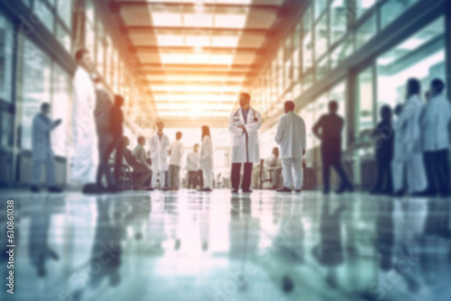 Blurred medical hospital background in blue, mint and orange tones. Doctors, nurses and patients in the corridor. Frog's perspective with reflections on the tiled floor.