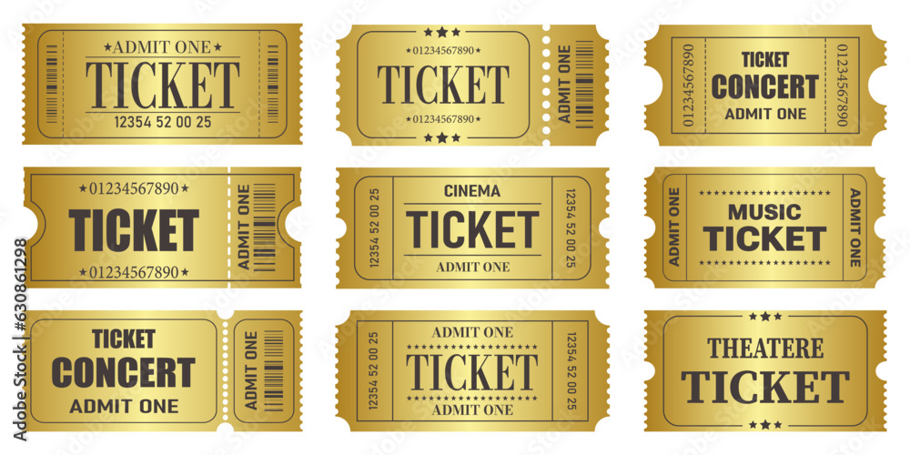 Vector set of admit one tickets template. Golden ticket for cinema,movie,circus,theatere,film,festival,casino,club,music etc. Event admission, entrance pass set .Vector illustration - obrazy, fototapety, plakaty 