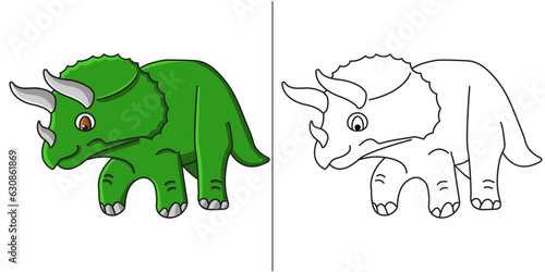 Cartoon Triceratops dinosaur coloring page.  Lots of fun for a toddler or little kids.  Very easy to color.  Coloring page for kids.  Simple coloring page