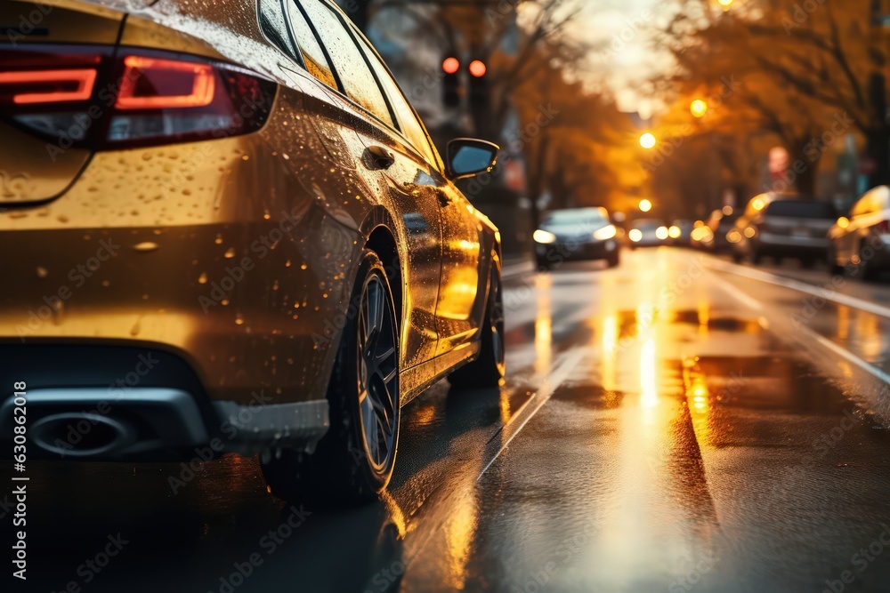 Dynamic shot of a car maneuvering in autumn city traffic after rain by Generative AI Dynamic shot of a car maneuvering in autumn city traffic after rain by Generative AI