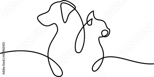 Pet symbol with cat and dog profiles. Continouos one line drawing.