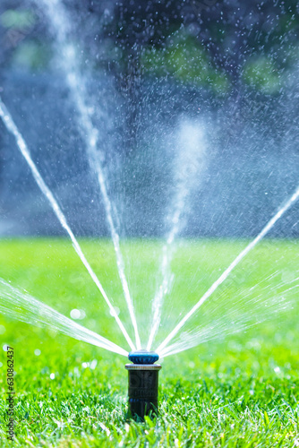 Irrigation system in home garden. Automatic lawn sprinkler watering green grass. Selective focus.
