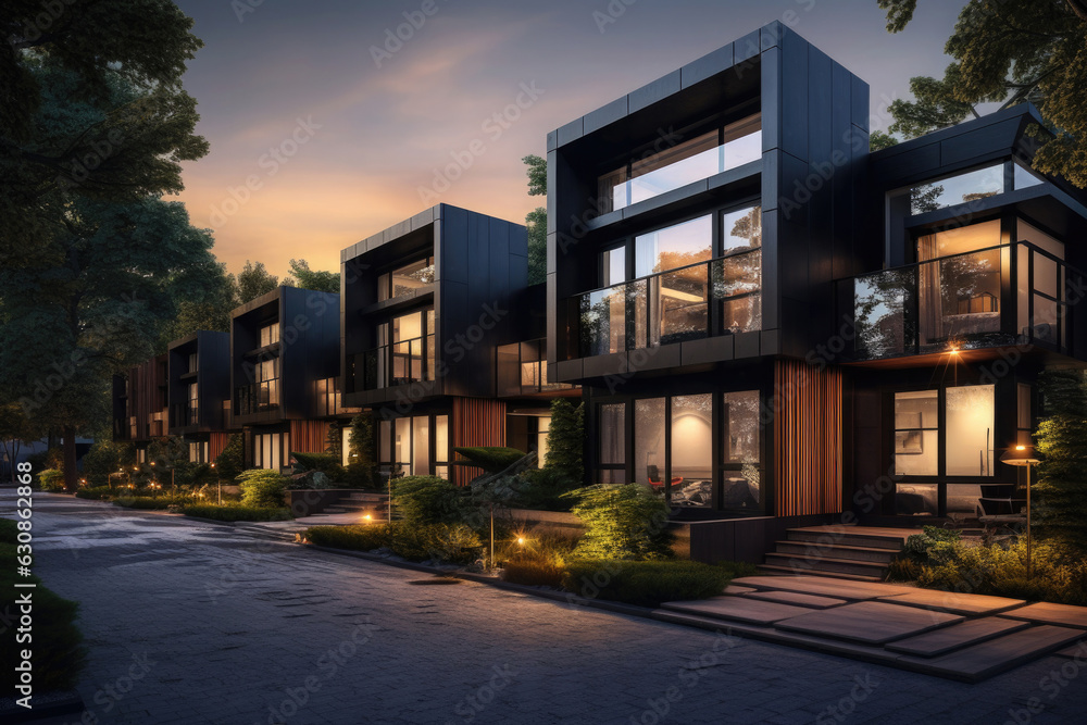 Townhouses facade with illuminated windows in dusk. Modern residential houses in luxury neighborhood Townhouses facade with illuminated windows in dusk. Modern residential houses in luxury neighborhood