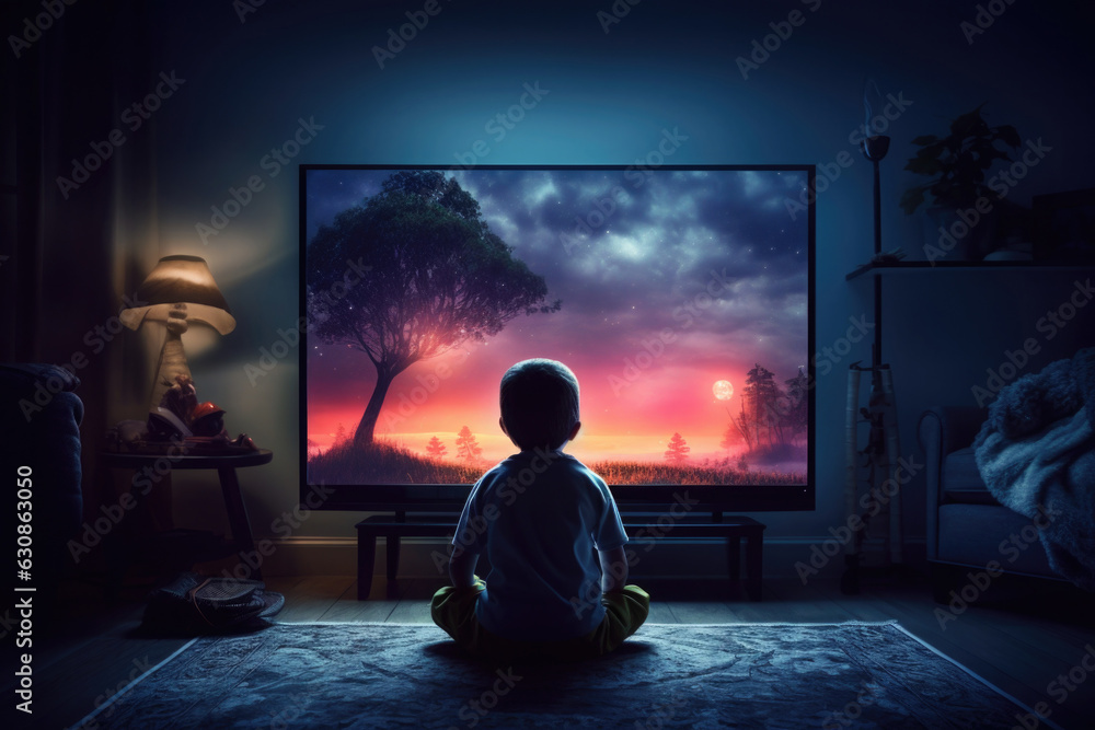 Little boy sitting in front of tv set screen in dark room. Child watching tv. Gamer playing video game. Children addiction Little boy sitting in front of tv set screen in dark room. Child watching tv. Gamer playing video game. Children addiction
