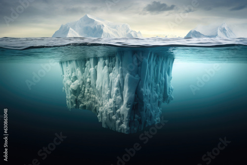 Iceberg with hidden part under water in ocean. Concept of global warming. Hidden threat and danger