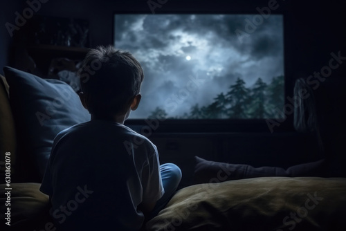 Little boy sitting in front of tv set screen in dark room. Child watching tv. Gamer playing video game. Children addiction