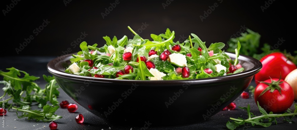 Fresh Spring Salad with arugula, feta cheese, red onion, and pomegranate seeds in a black bowl on a chalkboard background with blank space for text.