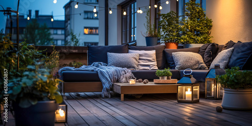 View over cozy outdoor terrace with outdoor string lights. Autumn evening on the roof terrace of a beautiful house with lanterns, digital ai art 