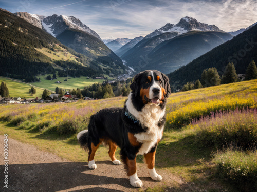 Digital photo of the Bernese mountain dog, background Alpine meadows. Wildlife imagery, the concept of ecological environment. 