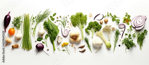 A collection of fresh vegetables and herbs is seen from above, isolated on a white background.