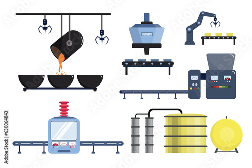 Vector illustration of a set of robotic mechanisms cartoon style. Equipment for a factory for the manufacture of various products isolated on a white background.