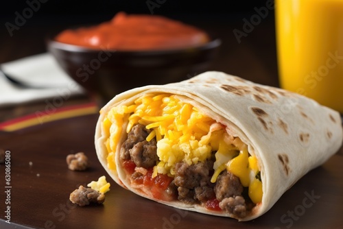A breakfast burrito with scrambled eggs, sausage and cheese. Generative AI.