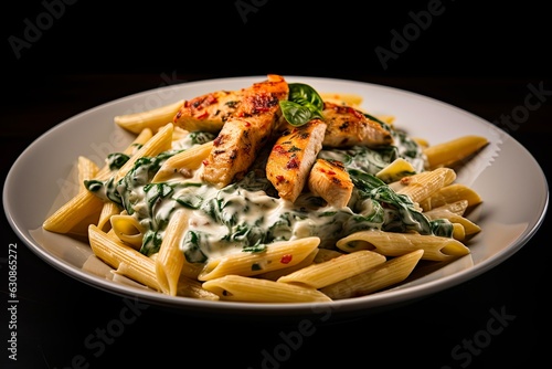 Obraz na plátně Grilled Chicken Florentine Penne Pasta with Basil Parmesan Sauce