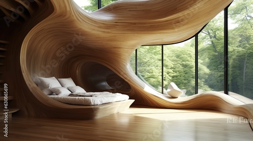 Interior of a curved wooden bedroom made with Ai generative technology, Property is fictional © Jixster