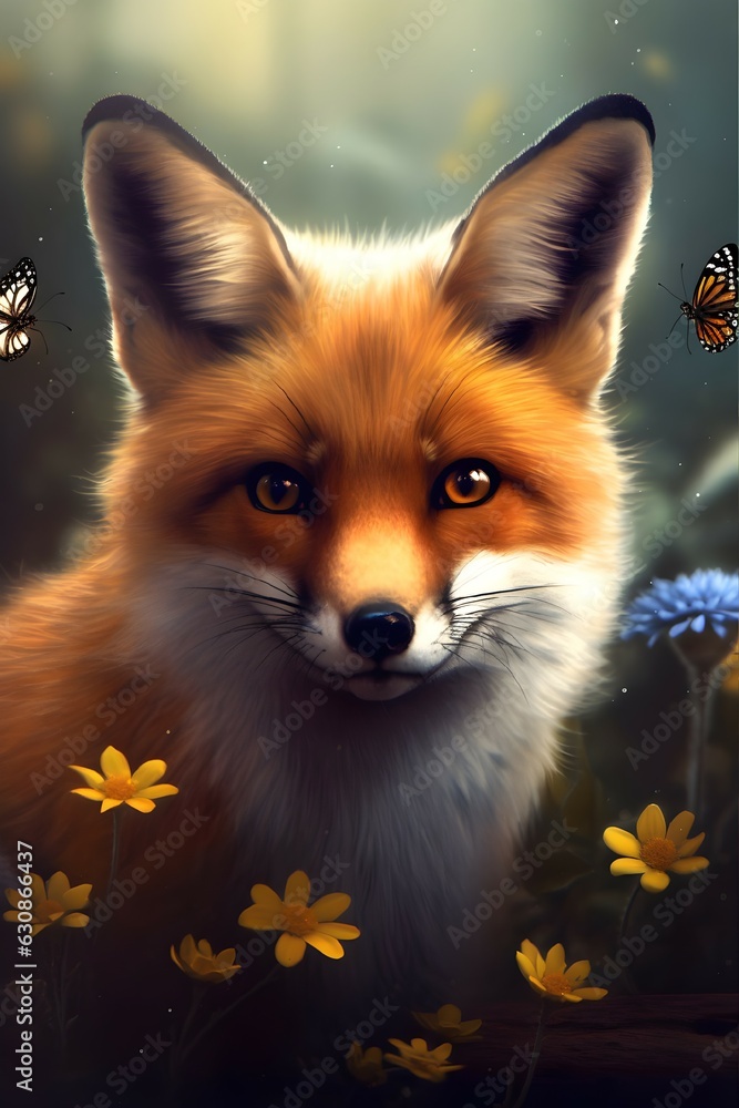 Fototapeta premium Red fox in a field surrounded by flowers.