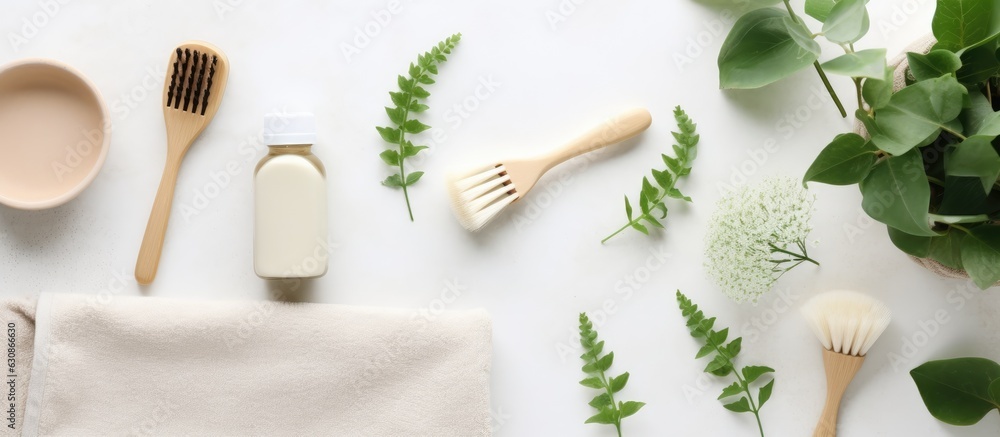 The Zero Waste concept promotes eco-friendly and reusable items such as a cotton eco bag, wooden toothbrushes, paper dishes, and green leaves. is taken from a top view perspective, with items arranged