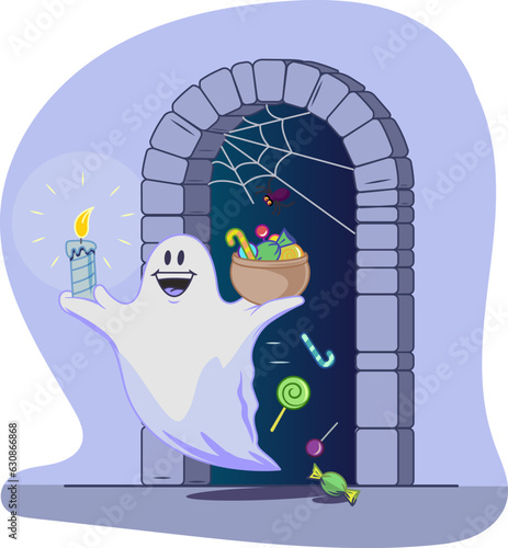 A cartoon ghost emerges from the opening holding a candle and a pot of candy. The candy is falling. Halloween celebration.