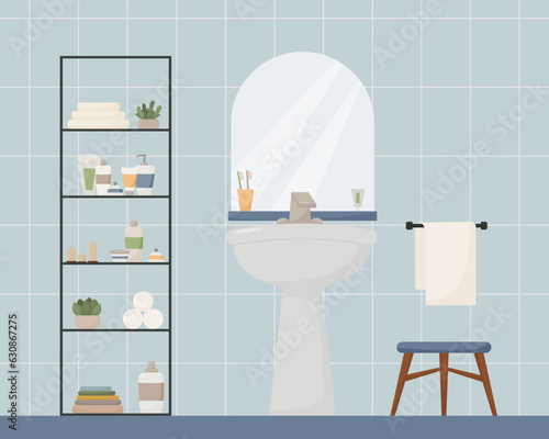 bathroom interior, furniture and plumbing, sink, shampoo, towel, candle, lotion, toothbrush, toothpaste, mirror, flat style, modern vector illustration