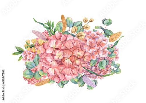 Fototapeta Naklejka Na Ścianę i Meble -  Floral bouquet of Hydrangea, Eucalyptus branches, Lagurus, abstract Plants. blooming Hortensia surrounded by greenery. Wedding design. Watercolor illustration of flower, herbs isolated on white.